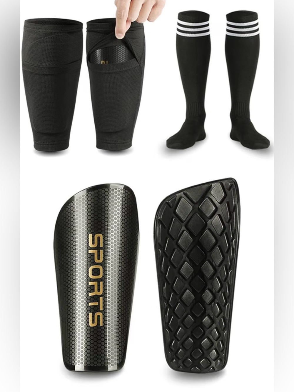 Kids Black Soccer Shin Guard Socks with Compression Sleeve